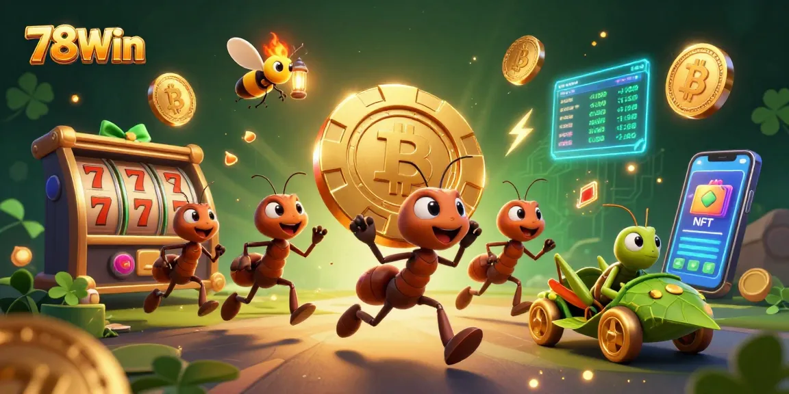 Experience the thrill of 78Win with a heist-themed illustration featuring ants and casino elements.