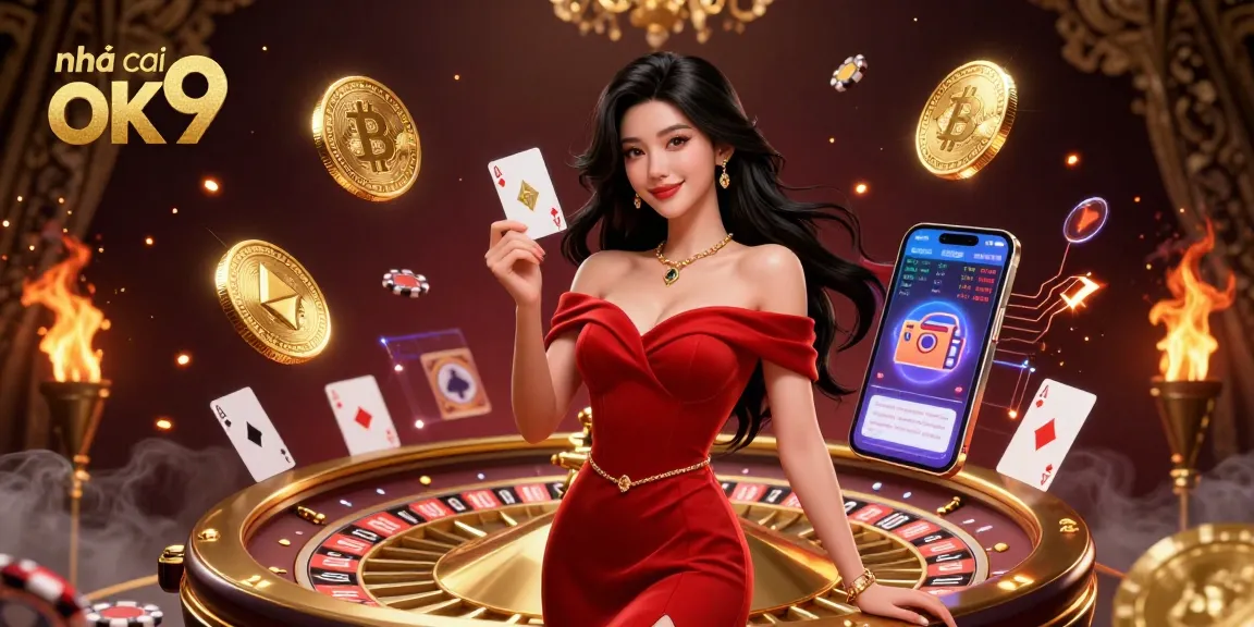 Experience the excitement of nhà cái ok9 with elegant casino elements and glowing cryptocurrency in a vibrant 3D scene.