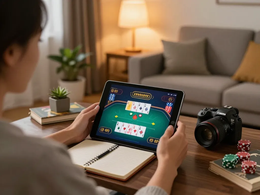 Engaging in online gambling on trang chủ 88vv with poker game interface visible on tablet in a cozy setting