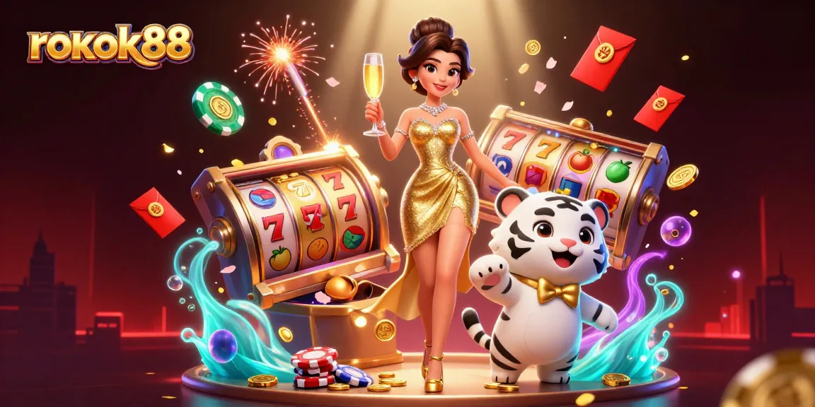 Spin with excitement at rokok88: a lucky woman and tiger cub celebrate winnings.
