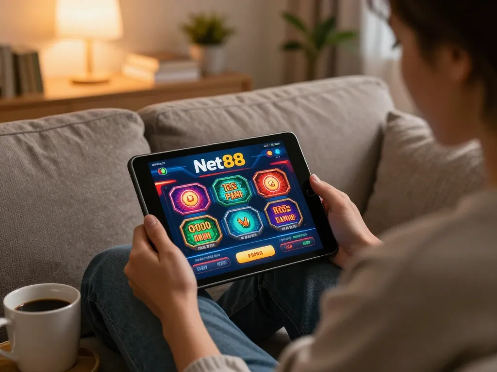 Engaging in online gaming with link vào Net88 visible on device screen, showcasing personal gaming setup.