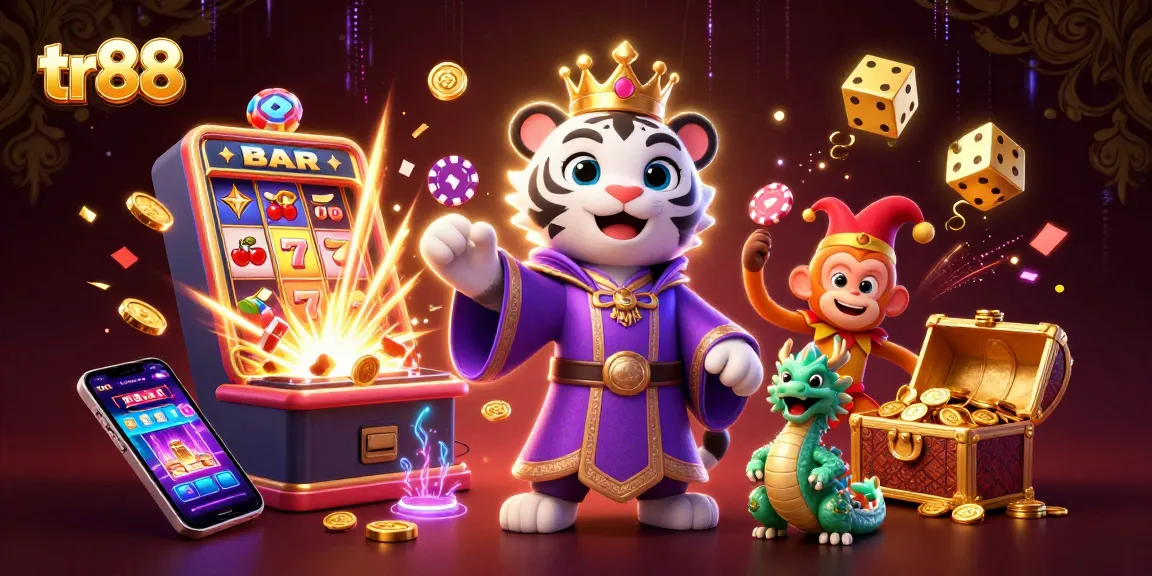 Experience thrilling wins with tr88 casino, featuring a vibrant illustration of a tiger, monkey, and dragon.