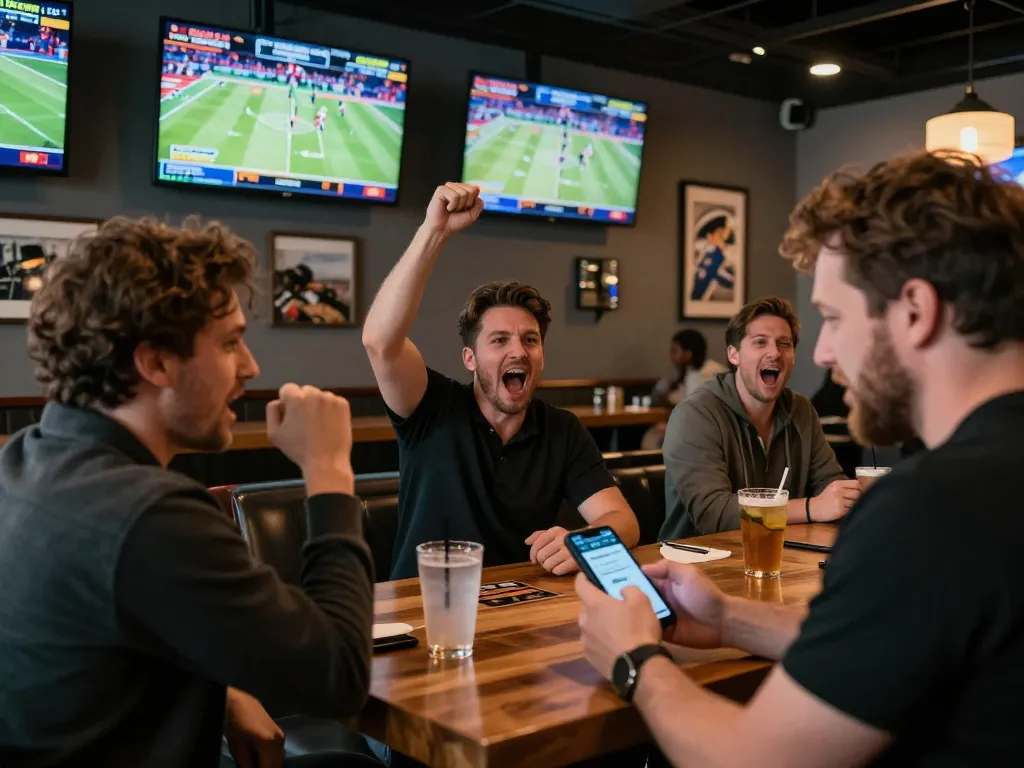 Join the excitement at bsport while placing live bets in a vibrant sports bar setting.