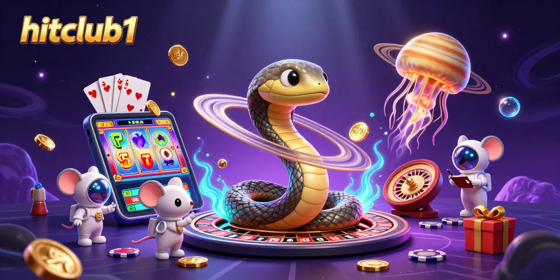 Experience vibrant excitement at hitclub1 with a dynamic casino scene featuring animated characters and glowing gaming elements.