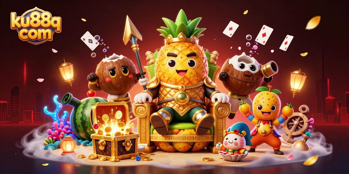 Win big at ku88q com with vibrant 3D casino scene featuring a golden pineapple king and tropical elements.