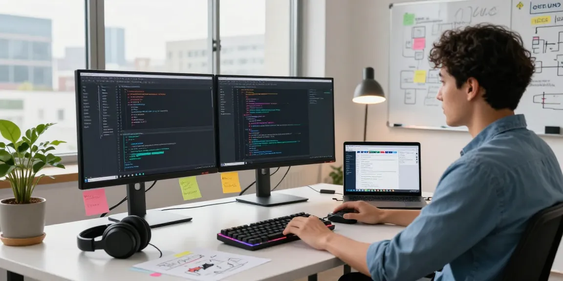 Dynamic software workspace featuring dual monitors and coding elements for WPS Download innovation.