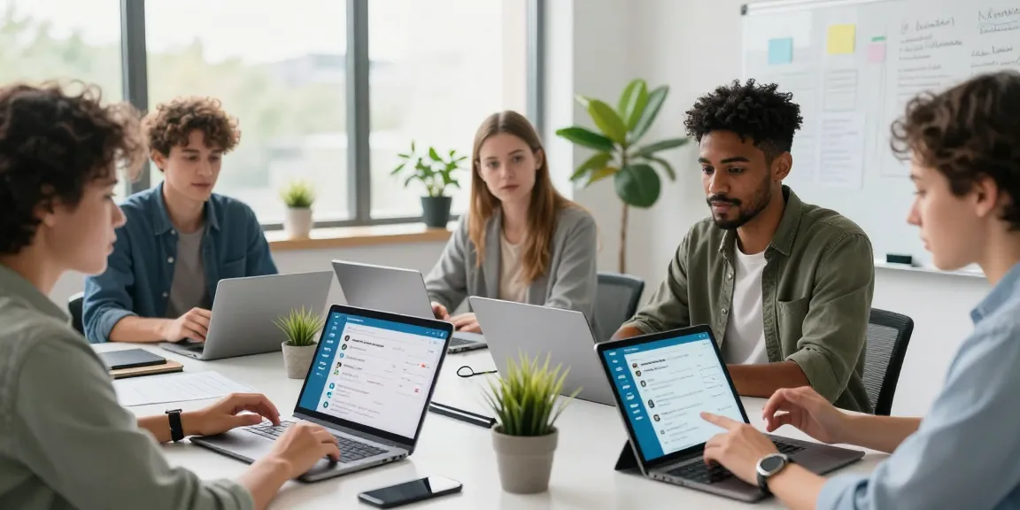 Engaged team collaborating on Telegram Web Version in a bright modern office environment.