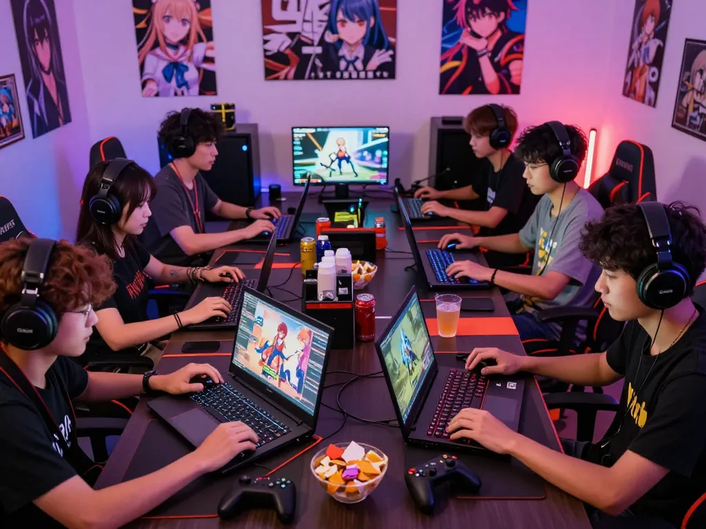 Engaged gamers enjoying hentai games in a vibrant room with anime decor.