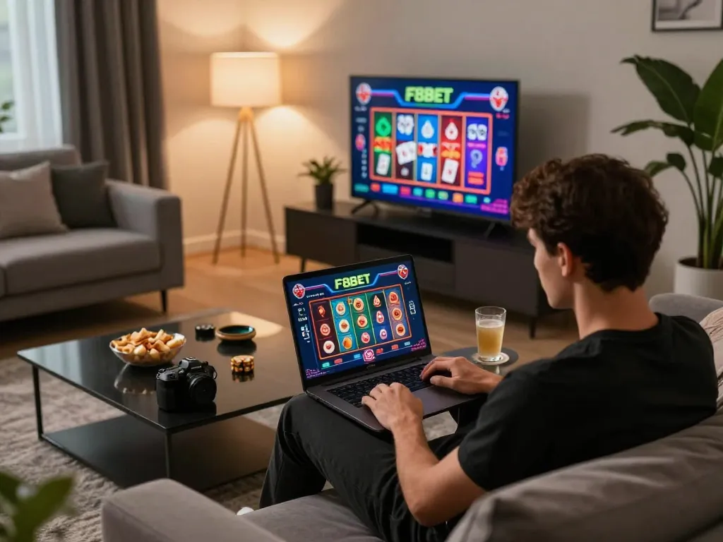 Player engaging in exciting F8BET online casino gaming on a laptop in cozy living room.