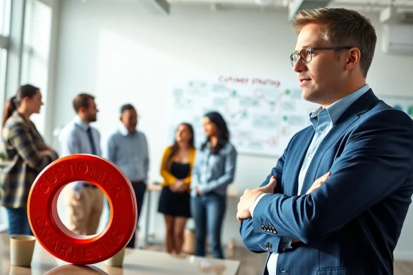 Marketing Consultant collaborating with team in an office to devise strategies.