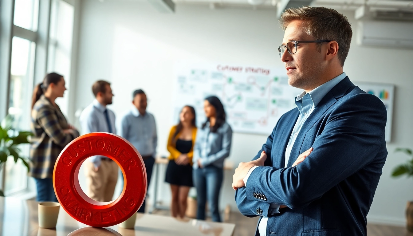 Marketing Consultant collaborating with team in an office to devise strategies.