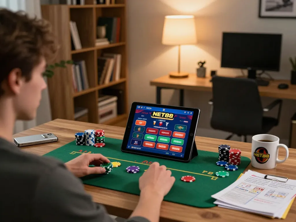 Engaging in online gambling on NET88 with tablet and colorful chips in home office.