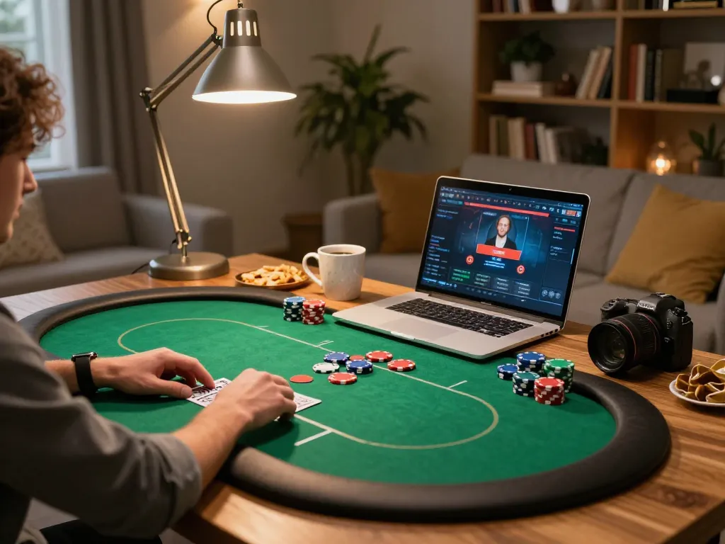 Person enjoying an exciting poker game at home via lc88 com, surrounded by chips and a cozy atmosphere, promoting a responsible gaming experience.