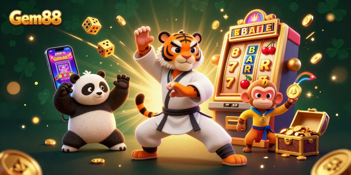 Experience dynamic jackpot wins at Gem88 with a kung fu tiger, panda, and monkey in a vibrant casino!